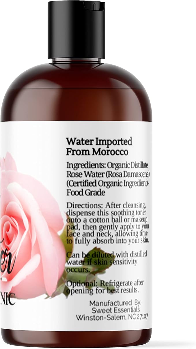 Premium Organic Moroccan Rose Water - 4oz - Imported from Morocco - 100% Pure (Food Grade) No Oils or Alcohol - Rich in Vitamin A & C. Perfect for Reviving, Hydrating & Rejuvenating Your Face & Neck