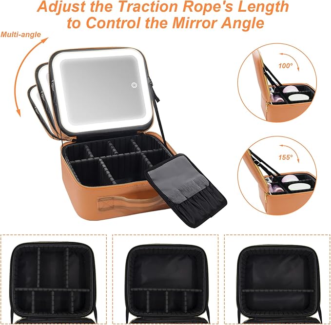 Travel Makeup Bag Cosmetic Bag Make up Organizer Bag with Large Lighted Mirror 3 Color Modes Adjustable Brightness, Waterproof PU Leather Makeup Travel Case Makeup Train Case Toiletry Gift Accessories