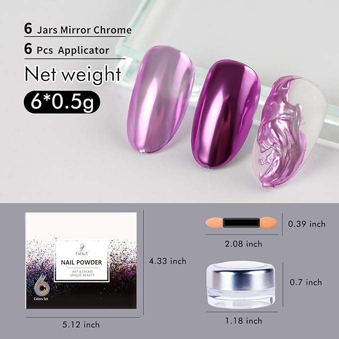 Chrome Nail Powder Metallic Mirror Pigment Dust for Gel Manicure Nail Art Decoration Silver Gold Red Purple Blue Brown 6 Colors Kit 0.5g/Jar (TA 6 Pcs Set-02)