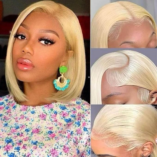 613 Blonde Bob Wig Human hair 13x4 HD Transparent Lace Front Wigs Human Hair Pre Plucked with Baby Hair 12 Inch 613 Glueless Wigs Human Hair 180% Density Straight Frontal Lace Wigs for Women