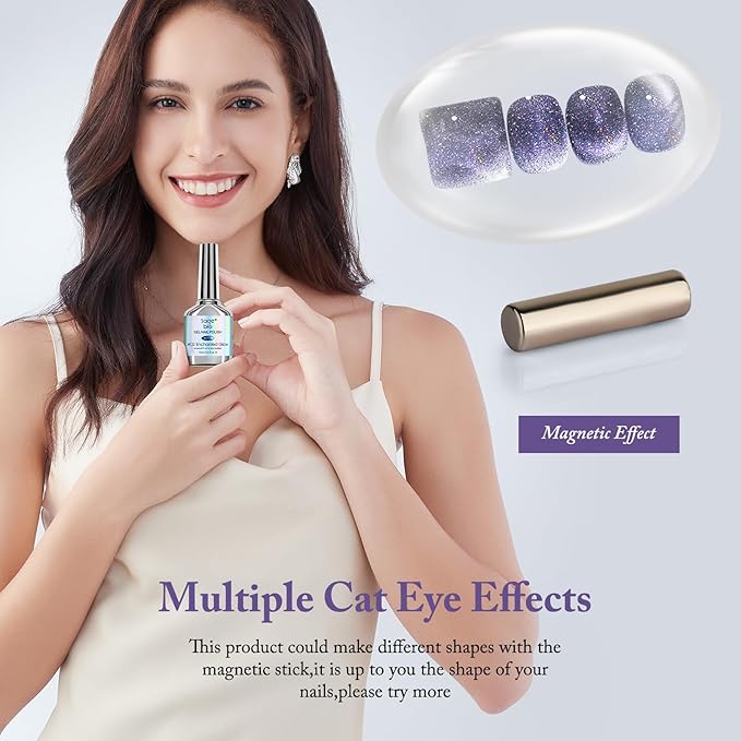 Crushed Diamond Cat Eye Gel Nail Polish with Magnet Stick, 15ml Holographic Glitter Gel, Ideal for DIY Nail Art, Enchanted Glow