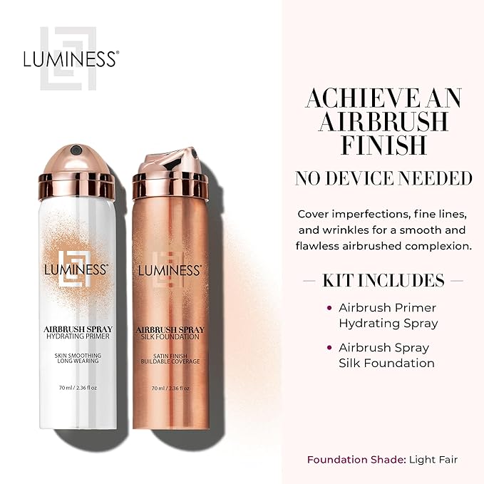 LUMINESS Silk Airbrush Spray Foundation & Primer Kit - Full Coverage Foundation, Anti-Aging Formula Hydrates & Moisturizes with Hyaluronic Acid, Aloe Vera & Hydrolyzed Silk (Shade - Light Fair)