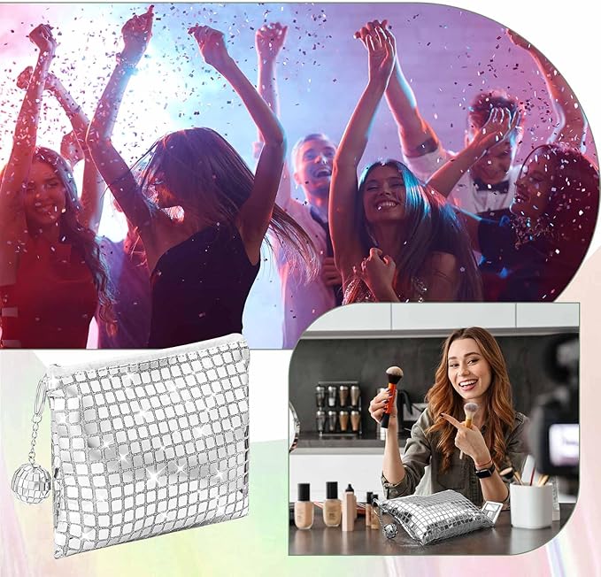 20 Pack Disco Cosmetic Bags Portable Silver Glitter Sequin Mirror Makeup Organizer with Zipper, Suit for Bachelorette, New Years Eve, 70s, 80s, 90s Disco Party Favors