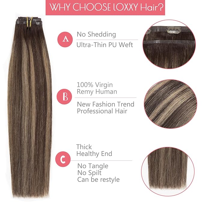 Loxxy Ultra Seamless Hair Extensions Clip in Human Hair,Brown Hair Extensions Real Human Hair,Clip in Extensions Rooted Dark Brown to Chestnut Brown Natural Hair Extensions 7PCS 110G 16inch #R2-2/6
