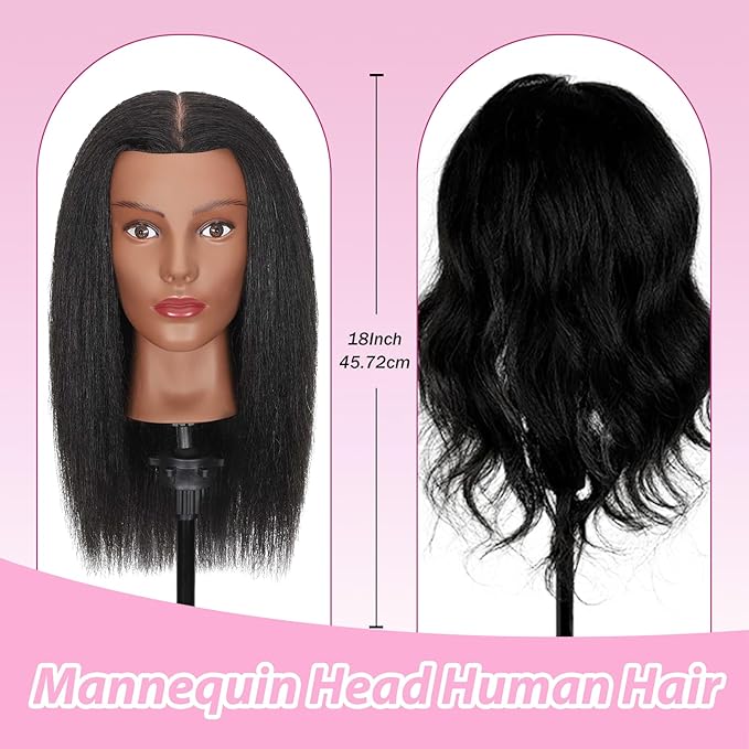 18" Mannequin Head Human Hair with 100% Real Hair Opini Human Hair Mannequin Doll Head for Hairdresser Practice Braiding Hairstyling with Adjustable Tripod Stand and Tools (18 Inch- Tripod Set)