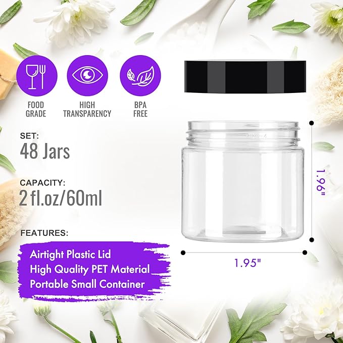 2 oz Plastic Jars with Lids - 48Pack, Round Clear Plastic Jars for Cream, Lotion, Powder, Ointment