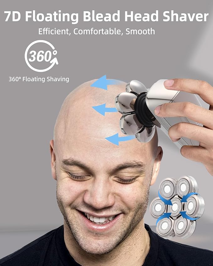 Head Shavers for Bald Men,7D Detachable Electric Bald Head Shaver,5-in-1 Dry Wet Bald Head Shavers for Men,IPX7 Waterproof Electric Razor for Men with Led Display, Argent