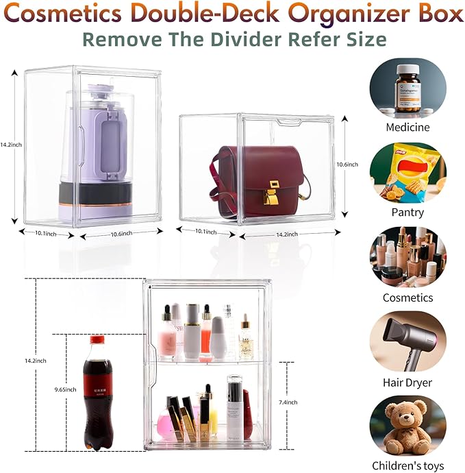2Pack Makeup Organizer Storage, Large Capactiy Acrylic Bathroom Organizer, Clear Cosmetics Organizer Bins with Division Board for Vanity, Skincare, Countertop Storage and Display Case