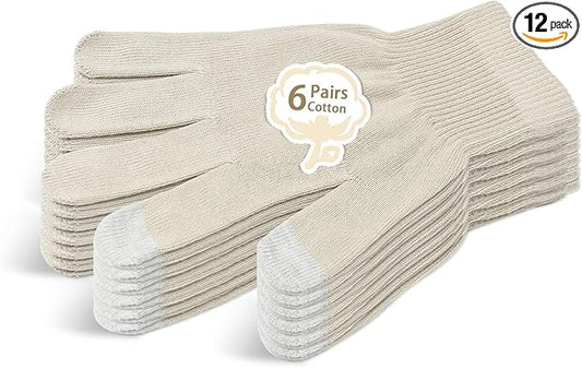 Evridwear Unisex Moisturizing Cotton Gloves with Touchscreen Fingertips for Eczema Beauty Cosmetic Dry Hands Sensitive Irritated Skin Therapy Overnight Bedtime, 6 Pairs, Lightweight-Beige, S/M