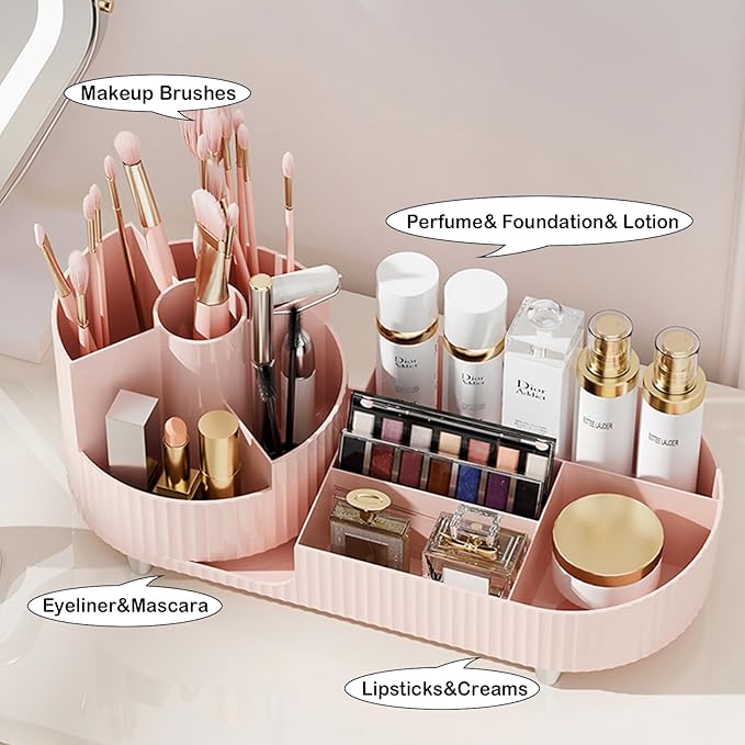 Pink Rotating Vanity Organizer with Brush Holder - Large Spinning Cosmetic Storage, Countertop Makeup & Skincare Organizer, Perfume & Lotions Display Case