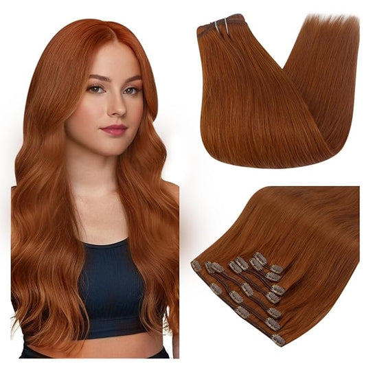 Full Shine Clip in Hair Extensions 24 Inch Copper Human Hair Clip in Extensions Straight Invisible Hair Brazilian Remy Human Hair Copper Red 7 Pcs