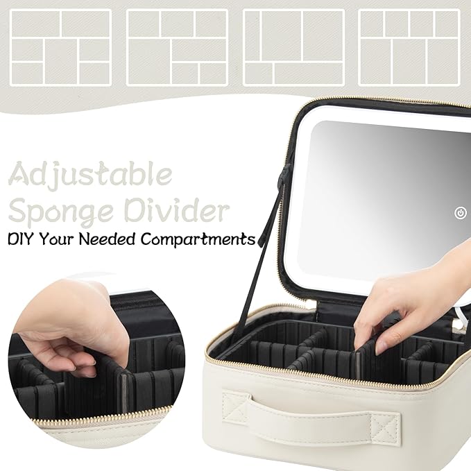 Makeup Travel Train Case with Mirror LED Light 3 Adjustable Brightness Cosmetic Bag Portable Storage Adjustable Partition Waterproof Makeup Brushes Makeup Jewelry Gift for Women (Light Gray)