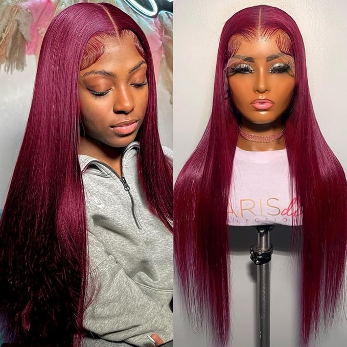 28Inch 99J Burgundy Straight Lace Front Wigs Human Hair Bleached Knots 13x4 HD Burgundy Lace Front Human hair wig Pre Plucked with Baby Hair 150% Density Glueless Wigs Human Hair Natural Hairline Red