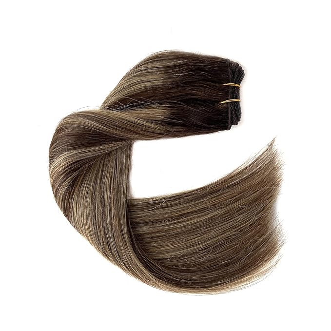 Sew In Real Human Hair Extensions, Weft Hair Bundles 18Inch 100G Ombre Brown Balayage Caramel Blonde Highlights Hand Tied Weft