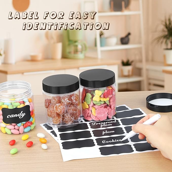 36PCS16OZ Plastic Jars with Screw On Lids, Pen and Labels Refillable Empty Round Slime Cosmetics Containers for Storing Dry Food, Makeup, Slime, Honey Jam, Cream, Butter, Lotion (matte black)