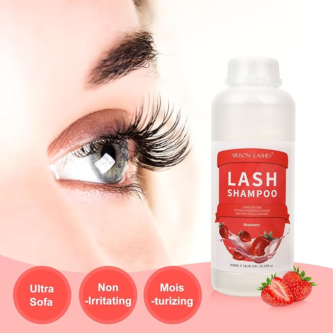 Arison Eyelash Eyelash Extension Shampoo 600ml / Eyelid Foaming Cleanser/Wash for Extensions and Natural Lashes/Paraben & Sulfate Free Safe Makeup & / Professional & Self Use (Strawberry)