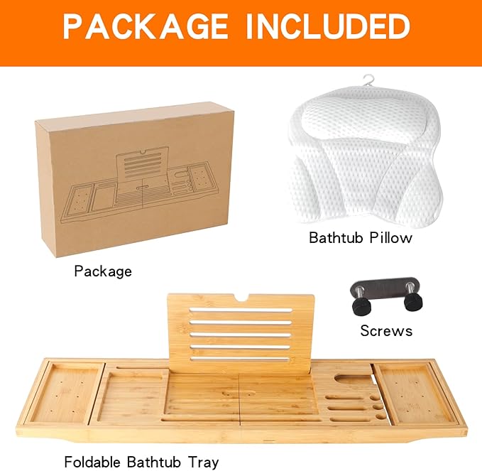 Bathtub Tray Table and Bath Pillow, Expandable and Foldable Bath Caddy Tray for Tub, Luxury Bathtub Accessories
