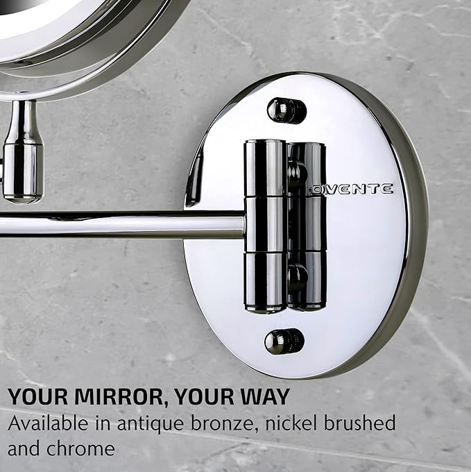OVENTE 7" Lighted Wall Mount Makeup Mirror with 1X/10X Magnification, Cordless Double Sided Magnifying Round Vanity Mirror, 360° Swivel Design, Extendable and Folding Arm, Polished Chrome MFW70CH1X10X