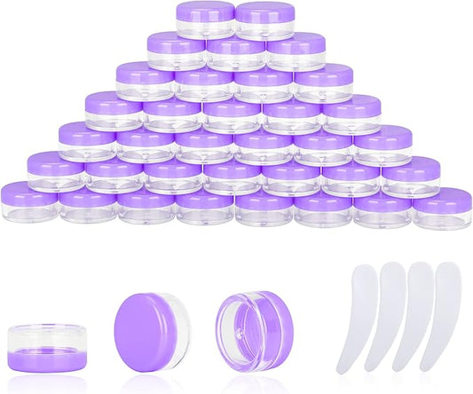 50PCS 3 Gram Sample Containers, 3ml Empty Jars with Lids, Small Cosmetic Containers, Mini Sample Jars with 4PCS Mini Spatulas for Make Up, Oils, Lotion, Powder, Paint, Jewelry, Lip Balms(Purple Lid)
