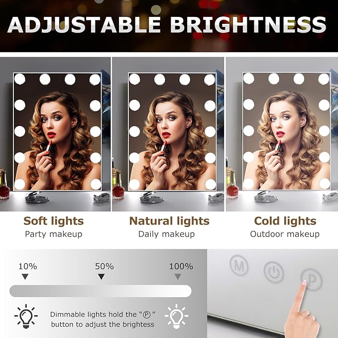 10" x 12" Vanity Mirror with Lights,Portable Travel Mirror with 12 LED Lights Bulbs,Lighted Makeup Mirror with 3 Color Lighting Modes,Mirror with Lights for Makeup Desk ＆ Dressing Room,White