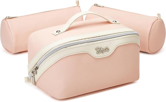 BOYATU Travel Makeup Bag Set: Portable Make up Bag for Traveling - Leather Cosmetic Bags for Women - Waterproof Toiletry Organizer Bags with Handle (D-04-Pink)