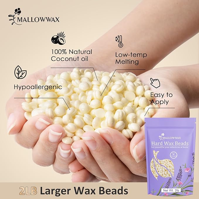 Hard Wax Beads, 2LB Coconut Cream Wax for Sensitive Skin, Gentle Hair Removal for Face, Bikini, Legs & Brazilian, No Strips Needed & Easy to Use at Home