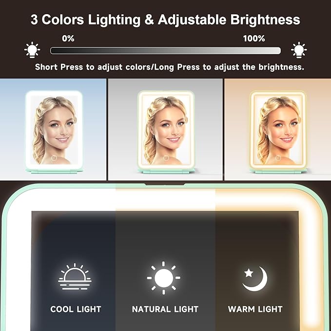 LED Foldable Travel Makeup Mirror - 5x7 inches3 Colors Light Modes USB Rechargeable Touch Screen, Portable Tabletop Cosmetic Mirror for Travel, Cosmetic, Office (Green)