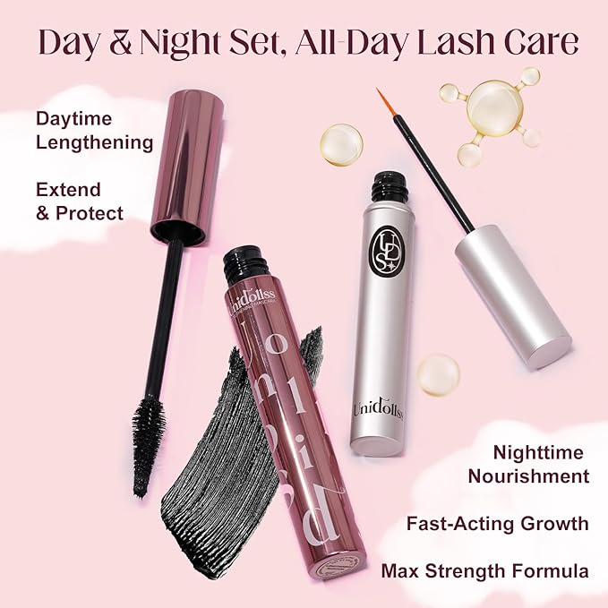 Unidollss Tubing Mascara Volume and Length Black and Lash Serum Set Lengthening Long Lasting All Day,Eyelash Growth Serum for Thicker,Longer Lash and Eyebrow,Tubing Mascara for 30+ Women,Gluten-free