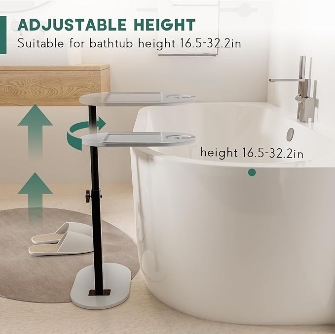 Bamboo Bathtub Tray Table with Adjustable Height, Freestanding Bathtub Caddy for Tub Against Wall, Tub Organizer Suitable for Luxury Spa and House Warming - Patent Protected (Gray)