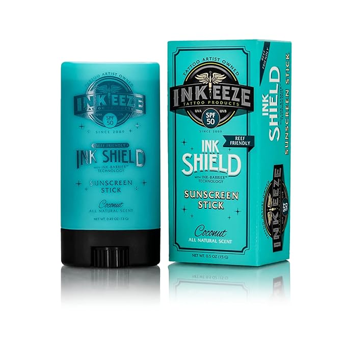 INK-EEZE Tattoo Sunscreen Stick SPF 50, Ink Shield, UVA/UVB Blocking, Dries Clear, Ozone Reef Friendly, Vegan, Made in USA, Coconut, 0.5oz Stick