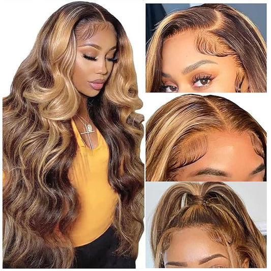 28Inch Highlight Body Wave Lace Front Wig Human Hair P4/27 Colored Ombre Lace Front Wigs Human Hair 13x4 Lace Frontal Wigs for Women 180% Density Glueless Honey Blonde Wigs