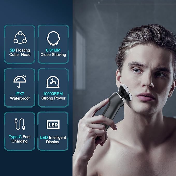 Electric Razor for Men with Travel Case, SweetLF 100% Waterproof Electric Shaver,Wet Dry Shaving/Rechargeable/Sideburns/Trimmer/Nose Trimmer/Type C Charging Cable