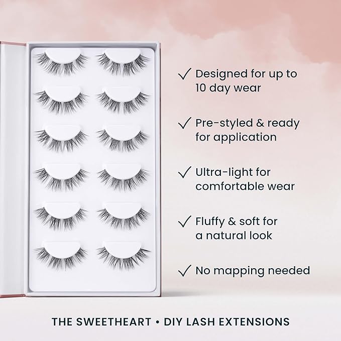 Sweetheart Doll-Eyed Lash Clusters for Women, Salon Quality At Home Eyelashes Extension Kit, 6 Lash Sets, No Lash Glue Included