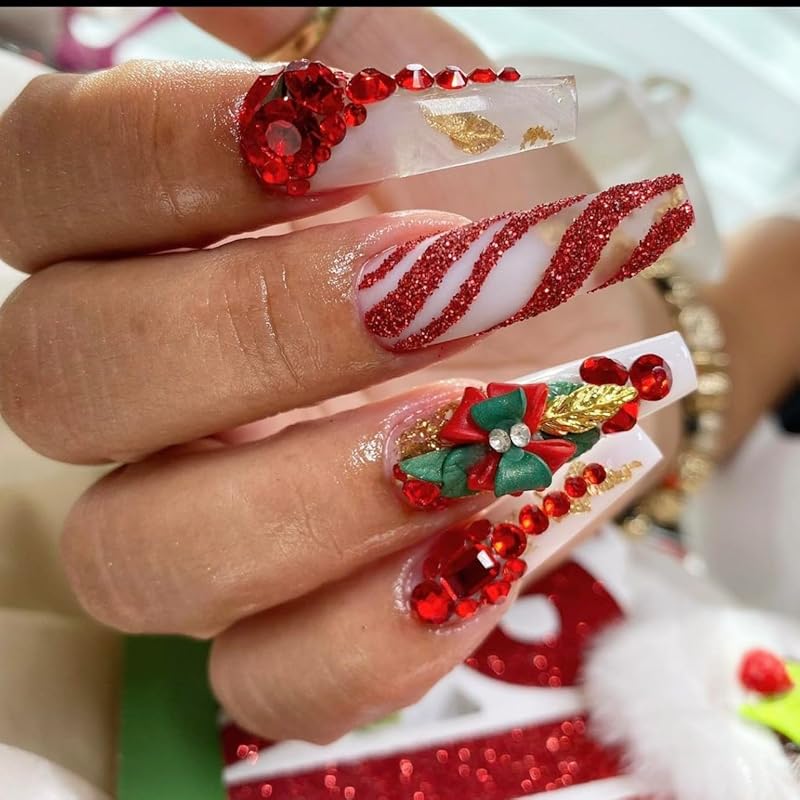 3D Acrylic Christmas Flower Nail Art Charms Handmade by Acrylic Powder - 24pcs Noel Flowers Nail Rhinestones Kit 3D Crystal Nail Pearls Design Acrylic Nail Art for Women (Christmas)