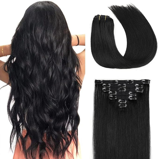 Clip In Human Hair Extensions,70g 7pcs Double Weft Silky Straight Human Hair Clip In Extensions 14inch #1 Jet Black Remy Hair