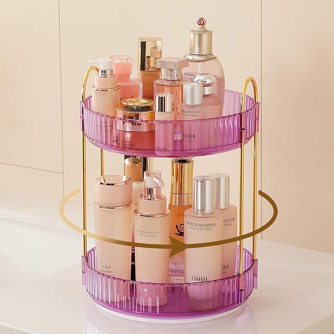 Aveniee Rotating Makeup Organizer for Vanity, Perfume Skincare Organizers Spinning, 2 Tier Bathroom Countertop Storage Organizer, Cosmetics Lipstick Holder for Countert Dresser(Purple)