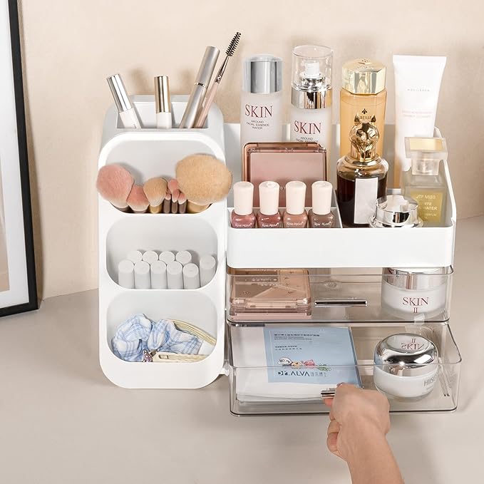 Anyoifax Makeup Organizer with Drawers Vanity Organizer Countertop with Brush Holder Large Perfume Organizer for Dresser Skin Care and Lotion Storage for Nail Polish, Lipsitck, Palettes, White