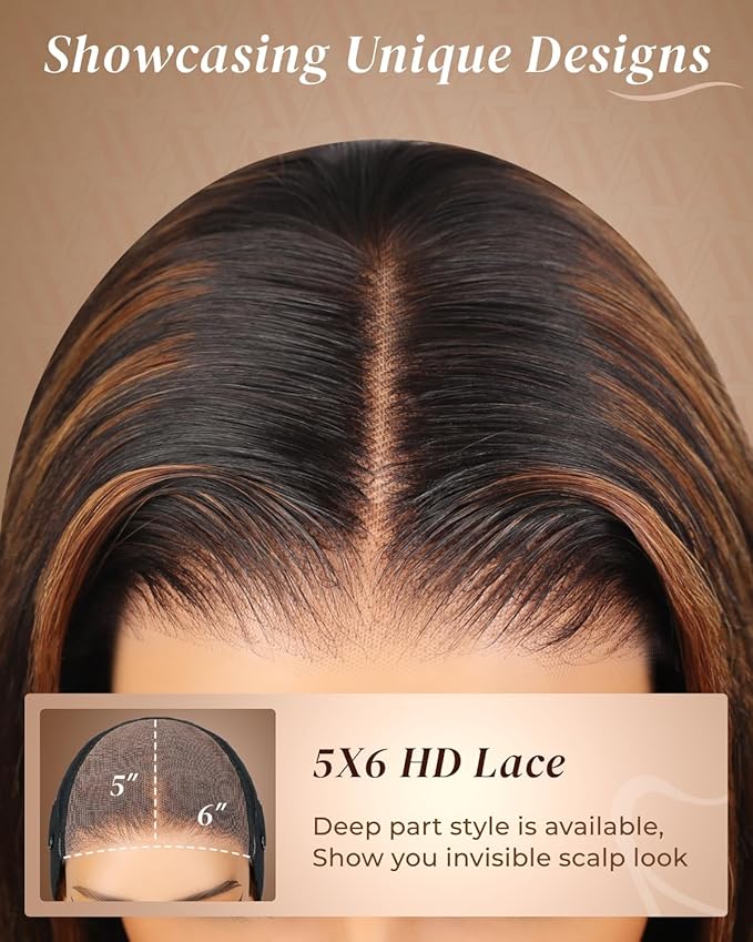 Arabella 5x6 Highlight Bob Wig Human Hair Real 210% Density 1B/30 Ready to Go Glueless Wig Straight Bob Wigs Human Hair Pre Cut Lace Pre Bleached Tiny Knots (12inch, 5x6 1B/30)