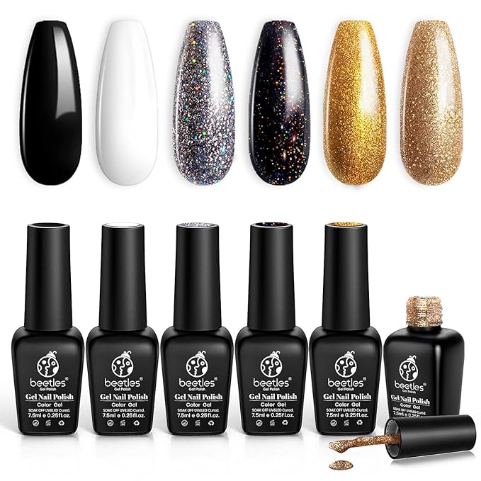 Beetles Shimmer Gel Nail Polish Set, 6 Colors Black White Polish Gel Silver Rose Gold Glitter Shimmer Nail Polish Soak Off Uv Lamp Nail Art Manicure Salon Gifts for Her Women