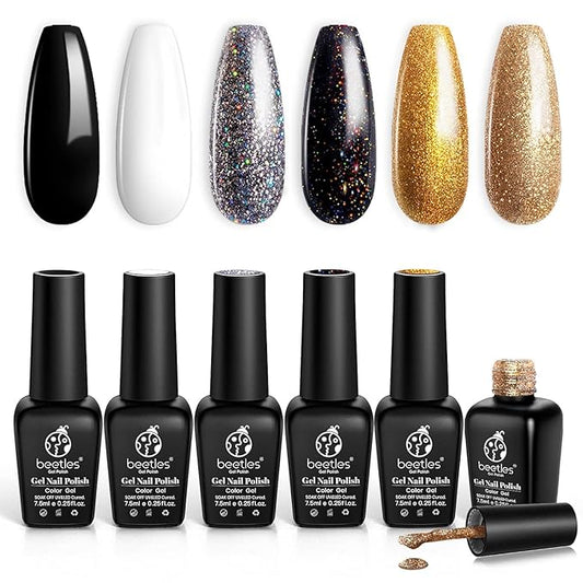 Beetles Shimmer Gel Nail Polish Set, 6 Colors Black White Polish Gel Silver Rose Gold Glitter Shimmer Nail Polish Soak Off Uv Lamp Nail Art Manicure Salon Gifts for Her Women