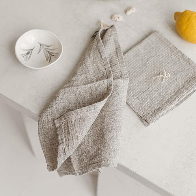 Pure 100% Linen Kitchen Towels - Linen Dish Towels for Kitchen Linens - 13x29-inch Waffle Weave Hand Towels for Bathroom Soft Lightweight Stonewashed Tea Towel Set of 2 Quick-Drying Natural Boho Decor