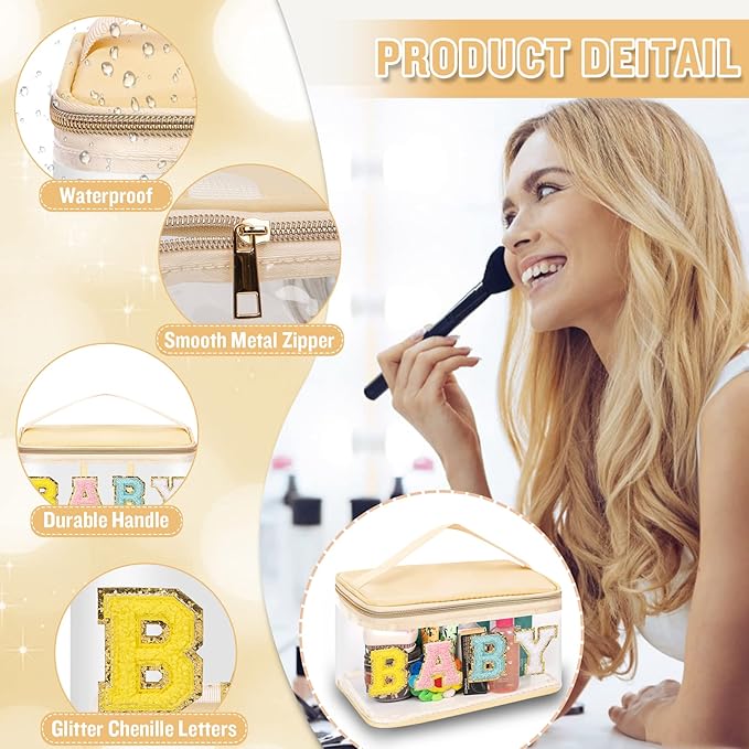 2 Pcs Chenille Letter Clear Makeup Bags Mama Baby Pouch, Preppy Patch Makeup Bag Mama Baby Hospital Duffle Bag Zipper with Handle, Travel Baby Toiletry Bag Nylon Cosmetic Handbag for Women(MAMA+BABY)