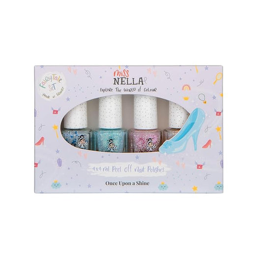 MISS NELLA SAFARI COLLECTION Glitter Nail Polish for kids, set of 4 glitter varnishes: pink, red, purple & blue, Peel- Off varnish for toddlers (Fairy Tale)