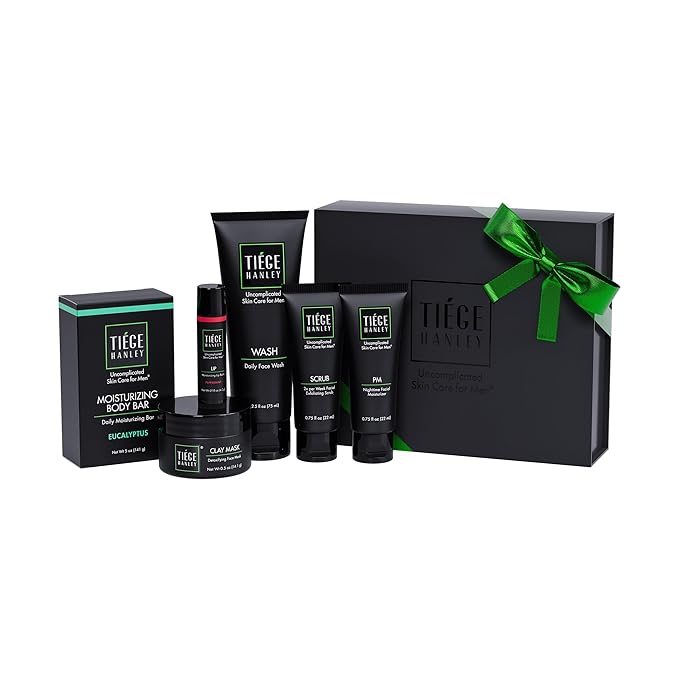 Tiege Hanley Mens Skin Care Gift Box Set, Silver - Men's Skincare Set Includes Face Wash, Exfoliating Scrub, Facial Moisturizer, Face Clay Mask, Moisturizing Lip Balm, & Moisturizing Body Soap Bar