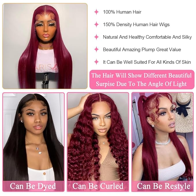 Azkiu 30 Inch 99J Burgundy Lace Front Wigs Human Hair Wine Red Colored Straight 13x4 HD Lace Frontal Wigs Human Hair Pre Plucked with Baby Hair Glueless 150% Density
