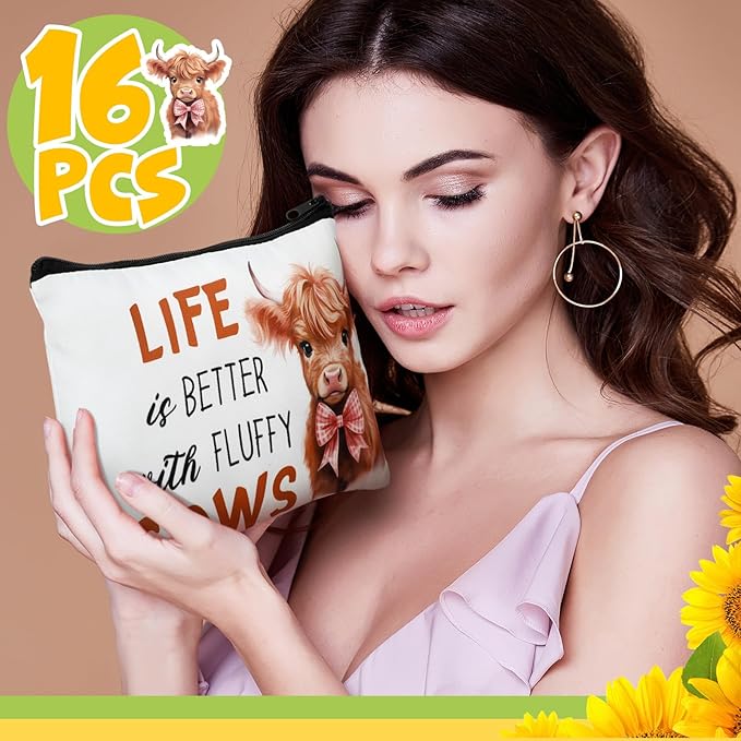 Pinkunn 16 Pcs Canvas Cosmetic Bag Bulk Inspirational Quotes Makeup Bags with Zipper Encouragement Travel Toiletry Pouch Appreciation Gift for Christmas Teacher Birthday Graduation(Highland Cow)