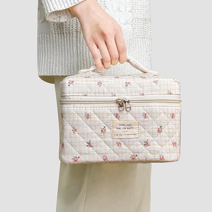 3Pcs Cotton Quilted Makeup Bag for Women Girls, Large Floral Cosmetic Bag Set Cute Makeup Brushes Aesthetic Accessories Storage Bag Flower Travel Toiletry Bag Organizer