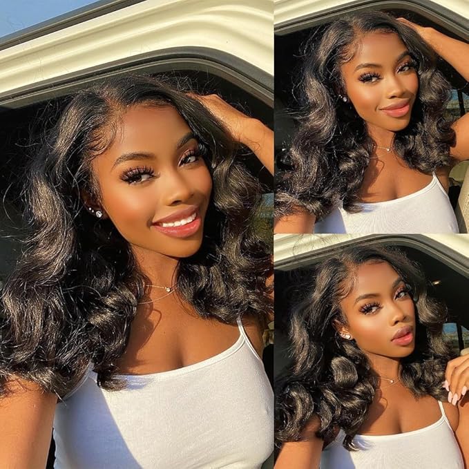 13x4 HD Lace Front Wigs Human Hair 16 Inch Glueless Human Hair Pre Plucked 180 Density Short Body Wave Lace Frontal Wigs Human Hair for Black Women Supre Soft Natural Black Color