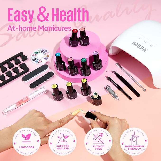 MEFA 34 Pcs Gel Nail Polish Kit with U V Light, 20 Colors All Seasons Soak Off Gel Polish Nail Set with Matte/Glossy Base Top Coat Essential Manicure Tools Nails Art DIY Salon Home