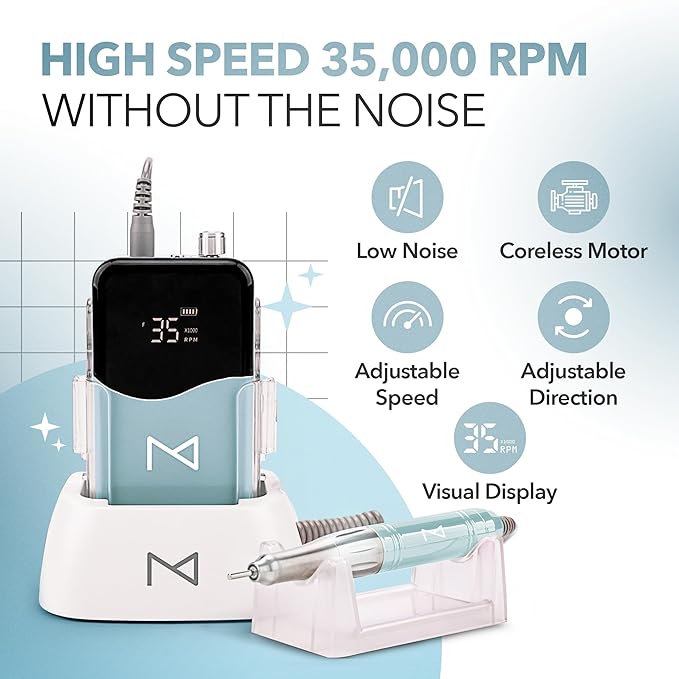 M Mase- Professional Nail Drill Machine - 2-in-1 Nail File - Cordless, 35000 RPM, HD Display - Gift for Her - Electric Nail Drill for Professional & Home Use (Teal)